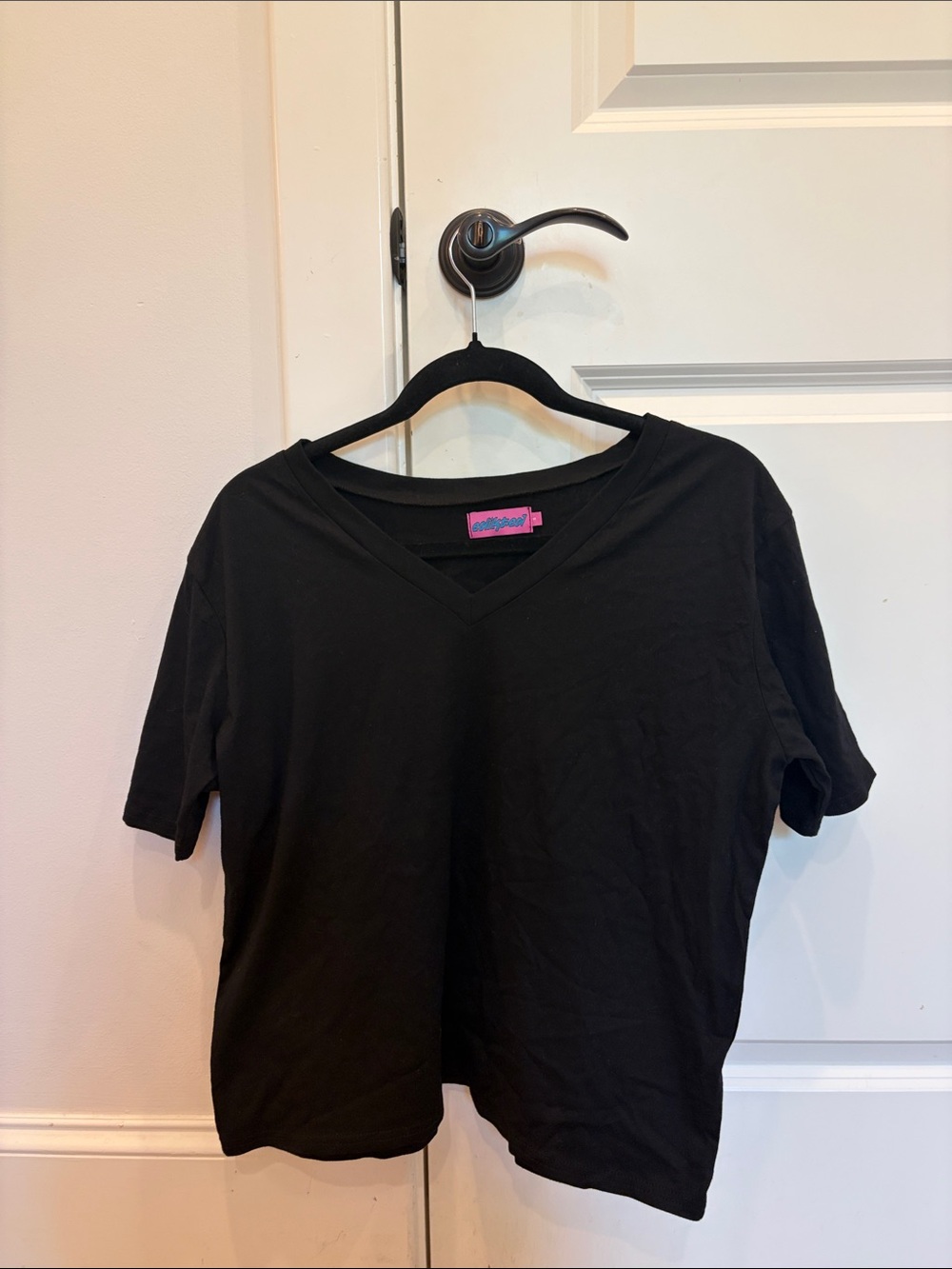EDIKTED Black V Neck Tee with Pink Label